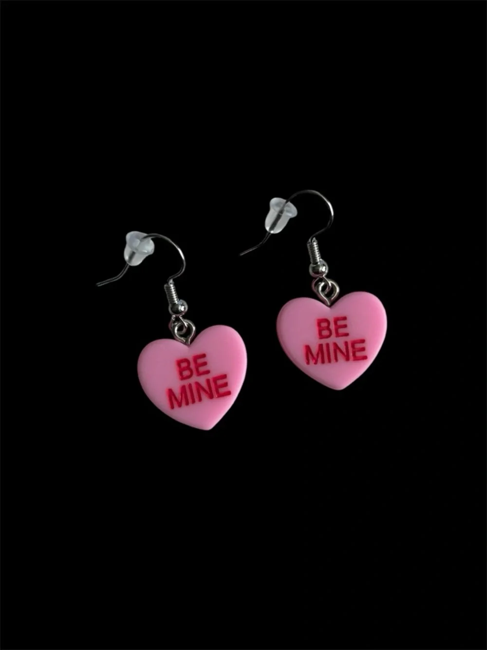 Conversation Hearts Be Mine Drop Dangle Earrings in Pink with Red Lettering
